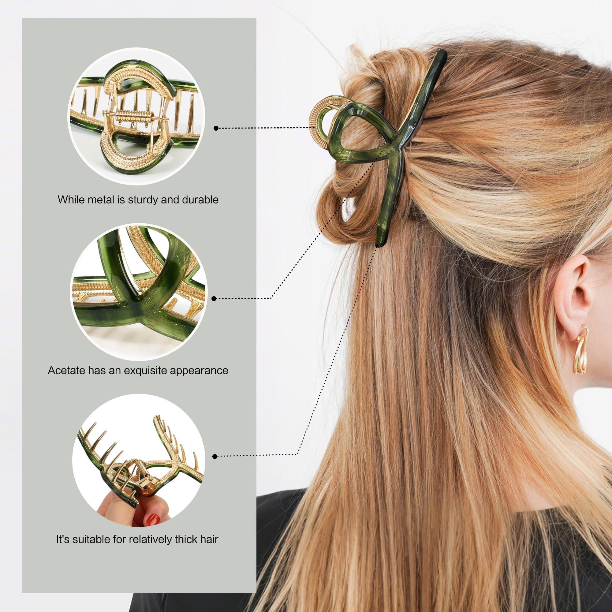 Big Hair Claw Clip Metal Claw Clips for Women Strong Hold Claw for Heavy Hair Green Acetate Claw Clips for Girls 4.5" Jaw Clamp Large Hair Accessories for Long Thick Hair (New Green)