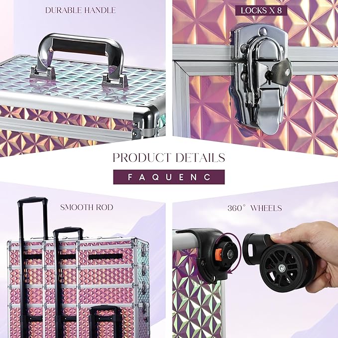 Yueieoun 5 in 1 Rolling Makeup Case, Cosmetology Case on Wheels Travel Make up Train Case Nail Cart Makeup Organizer Cosmetic Storage Box Cases Extra Large Trolley Truck with 360° Swivel Wheels, Pink