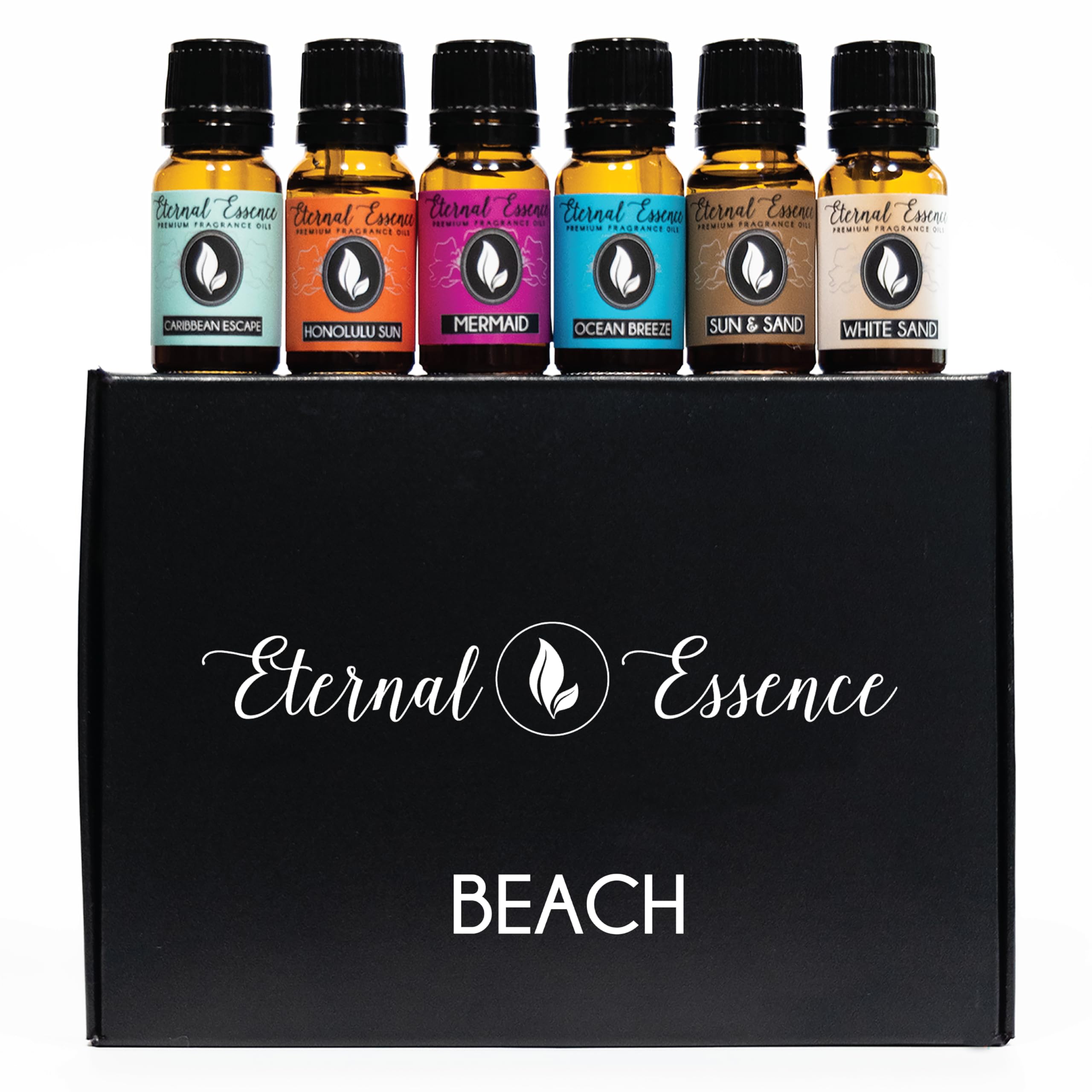 Eternal Essence Oils Beach Set of 6 Premium Fragrance Oils - Includes White Sand, Ocean Breeze, Honolulu Sun, Mermaid, Caribbean Escape, and Sun & Sand Scented Oils - 10ML