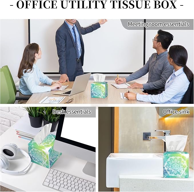 Green Boho Mandala Flower Tissue Box Cover Square, Abstract Mandala Floral Tissue Box Holder Waterproof Leather Facial Paper Organizer Dispenser for Bathroom Home Car Nightstand Vanity Desk