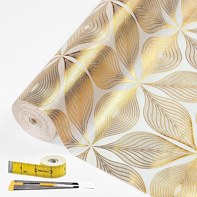 Drawer and Shelf Liner for Kitchen Cabinet,Non-Adhesive Waterproof Drawer Liner for Dresser & Bathroom Vanities with Adhesive Dots & Cutting Tool(24 in X 20 Ft Gold Leaf Pattern)