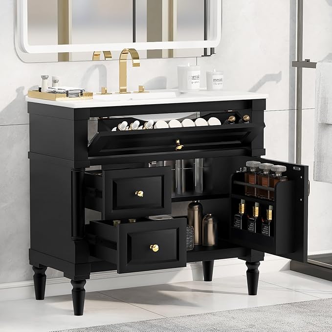 Harper & Bright Designs 36" Bathroom Vanity with Sink, Free Standing Bathroom Vanity Set with Flip Drawer, 2 Drawers, and Adjustable Shelf, Wood Storage Cabinet with Ceramic Basin for Bathroom, Black