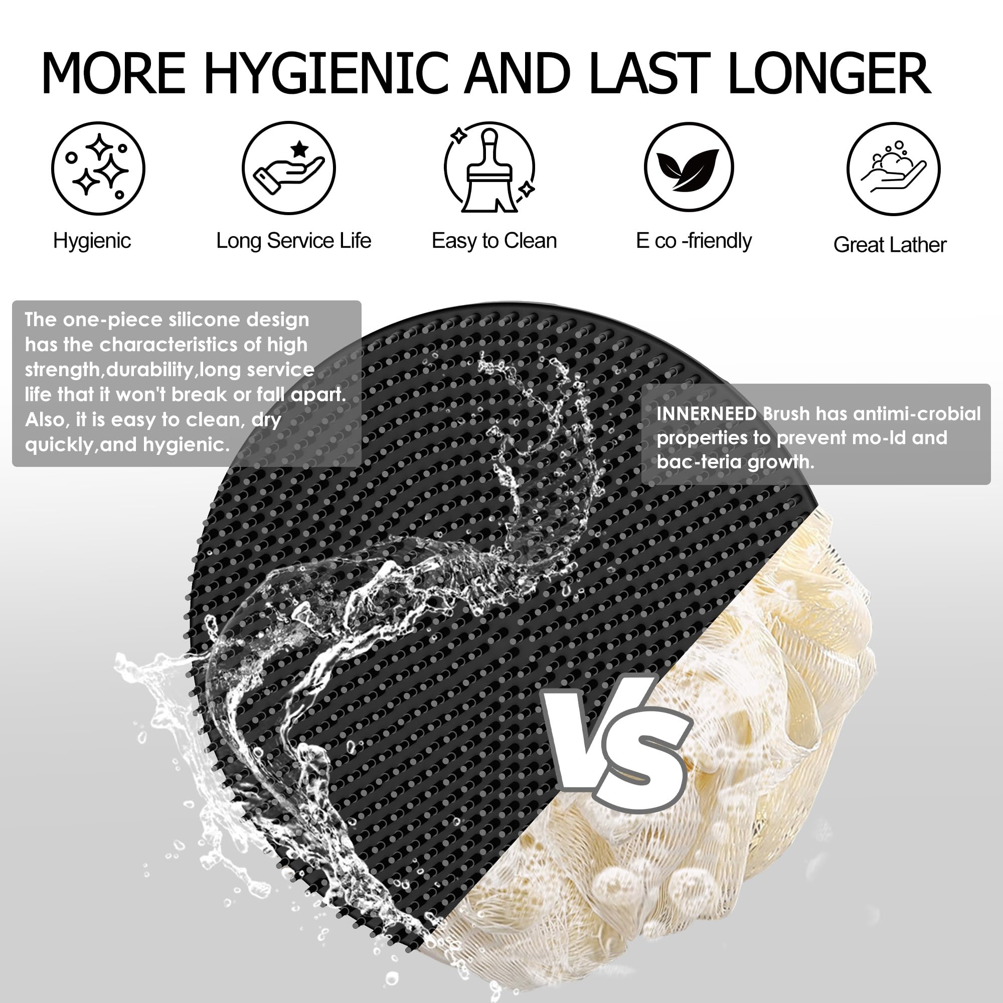 INNERNEED Food-Grade Soft Silicone Body Scrubber Shower Brush, Black+Gray