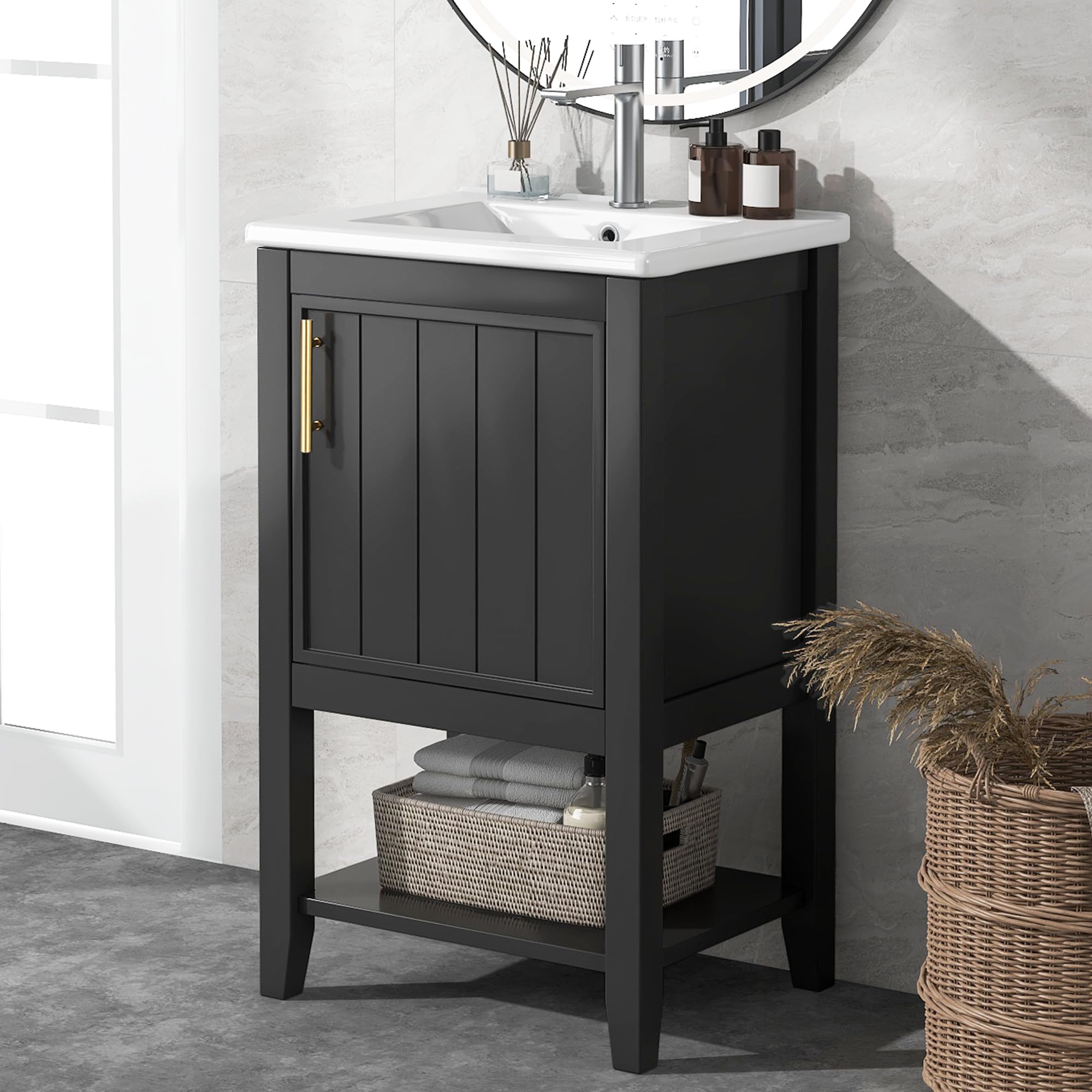 Bellemave 20" Small Bathroom Vanity with Sink, Modern Bathroom Storage Cabinet with Door and Storage Rack, Free Standing Single Basin Vanity with Open Shelf, Undermount Ceramic Sink, Black