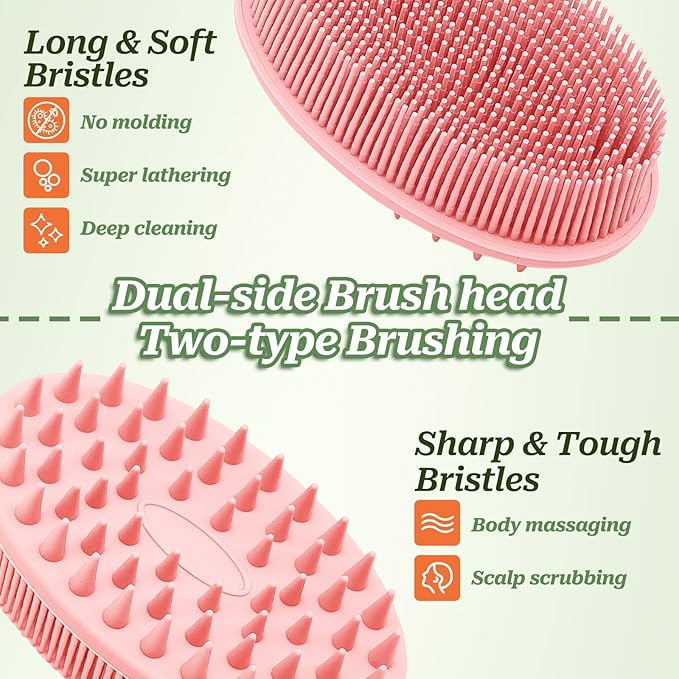 Soft Silicone Body Scrubber 2PCS, Dual-Side Silicone Loofah for Shower, Gentle Loofa Alternative, Replaceable Brush Head to be Used Alone or with Long Handle (Bluex2)