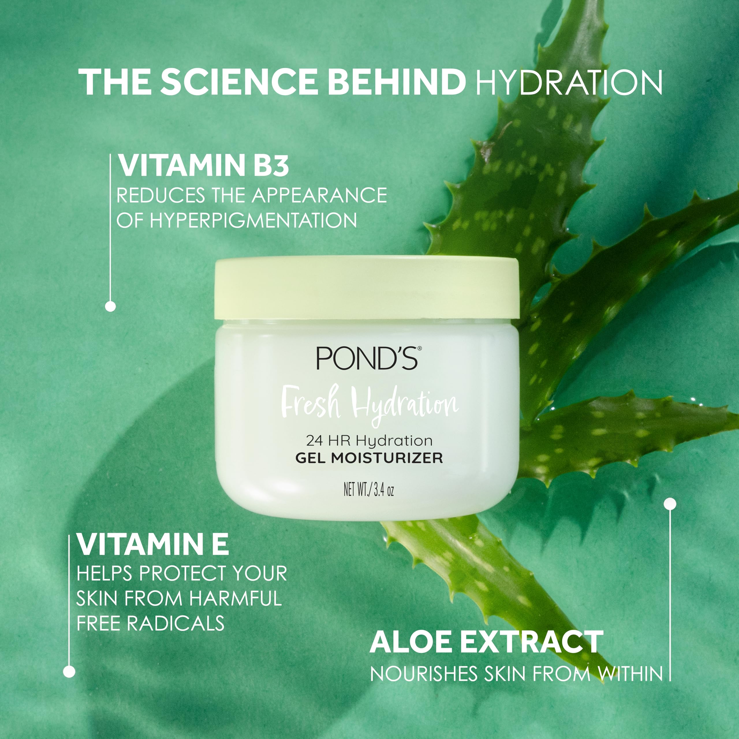 POND’S Fresh Hydration Gel Moisturizer, 24HR Hydrating Face Moisturizer with Aloe Vera Extract, Vitamin E & B3 Niacinamide, Alcohol-Free, Oil-Free, Dermatologist Tested, 3.4 oz