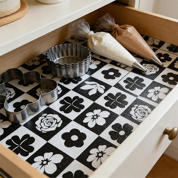 Drawer and Shelf Liner for Kitchen Cabinet,Non Adhesive Anti-Slip Double Layer PVC Waterproof Easy Clean for Dresser Bathroom Refrigerator with Knife Tape Measure(17 in X 30 Ft Black & White Flowers)