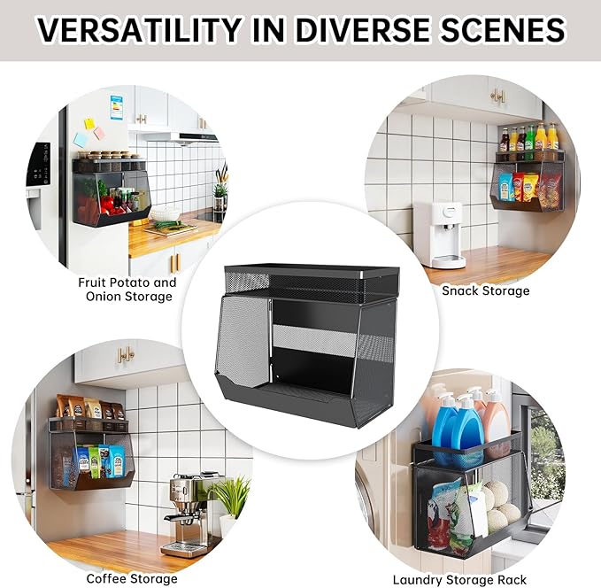Magnetic Shelf for Fridge 2-Tier Baskets - Fruit Potato Onion and Vegetable Storage Bins, Magnetic Spice Rack For Refrigerator, Heavy Duty Fridge Organizer For Refrigerator, Kitchen Counter, Cabinet
