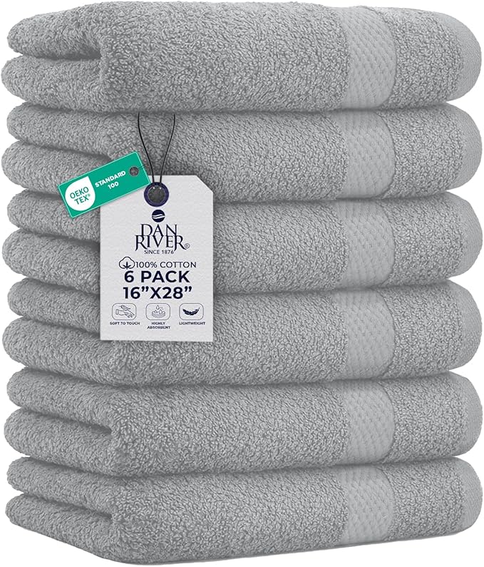 DAN RIVER 6-Pack Premium Hand Towels (16x28 Inches) - 100% Cotton, Ultra Soft, Lightweight, Highly Absorbent Towels for Bathroom, Spa, Gym, Salon, Hotel, and Travel - Silver