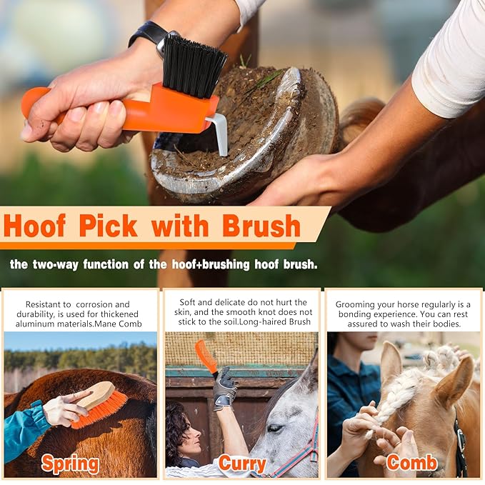 Abbylike 12 Pieces Horse Grooming Kit with Organizer Tote Bag Tack Room Supplies Horse Brush Sets Equine Care Cleaning Kit Shedding Grooming Massaging Tools(Orange)