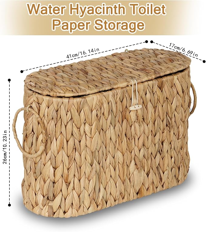 efluky Toilet Paper Storage Basket, Water Hyacinth Slim Toilet Paper Holder with Lid- Holds Up to 9 Mega Rolls, Home Bathroom Decor Organizer