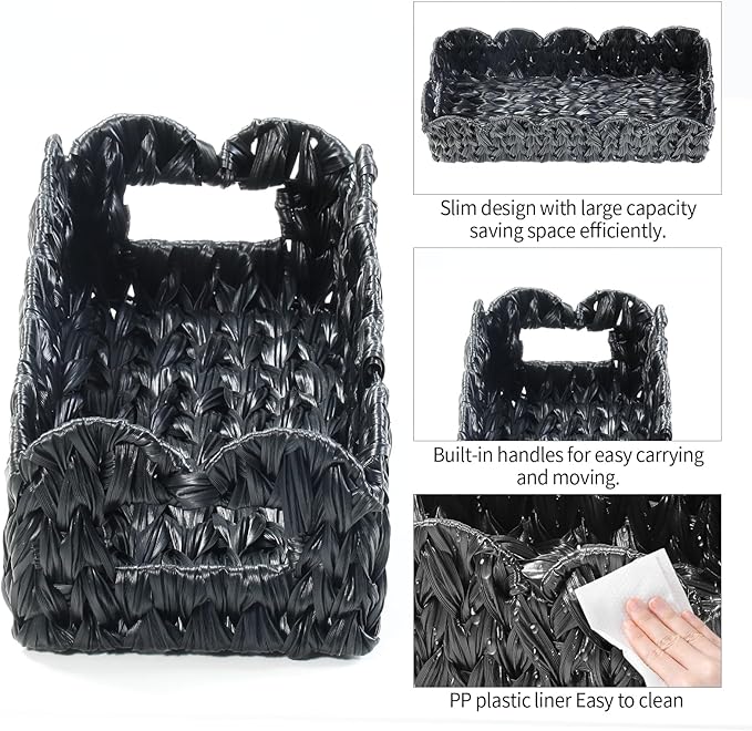 Coeusy Balck Toilet Basket,Set of 2 Scalloped Wicker Basket with Built-in Handles,Long Back of Toilet Baskets for Shelf,Tank Topper,Countertop,Rectangle
