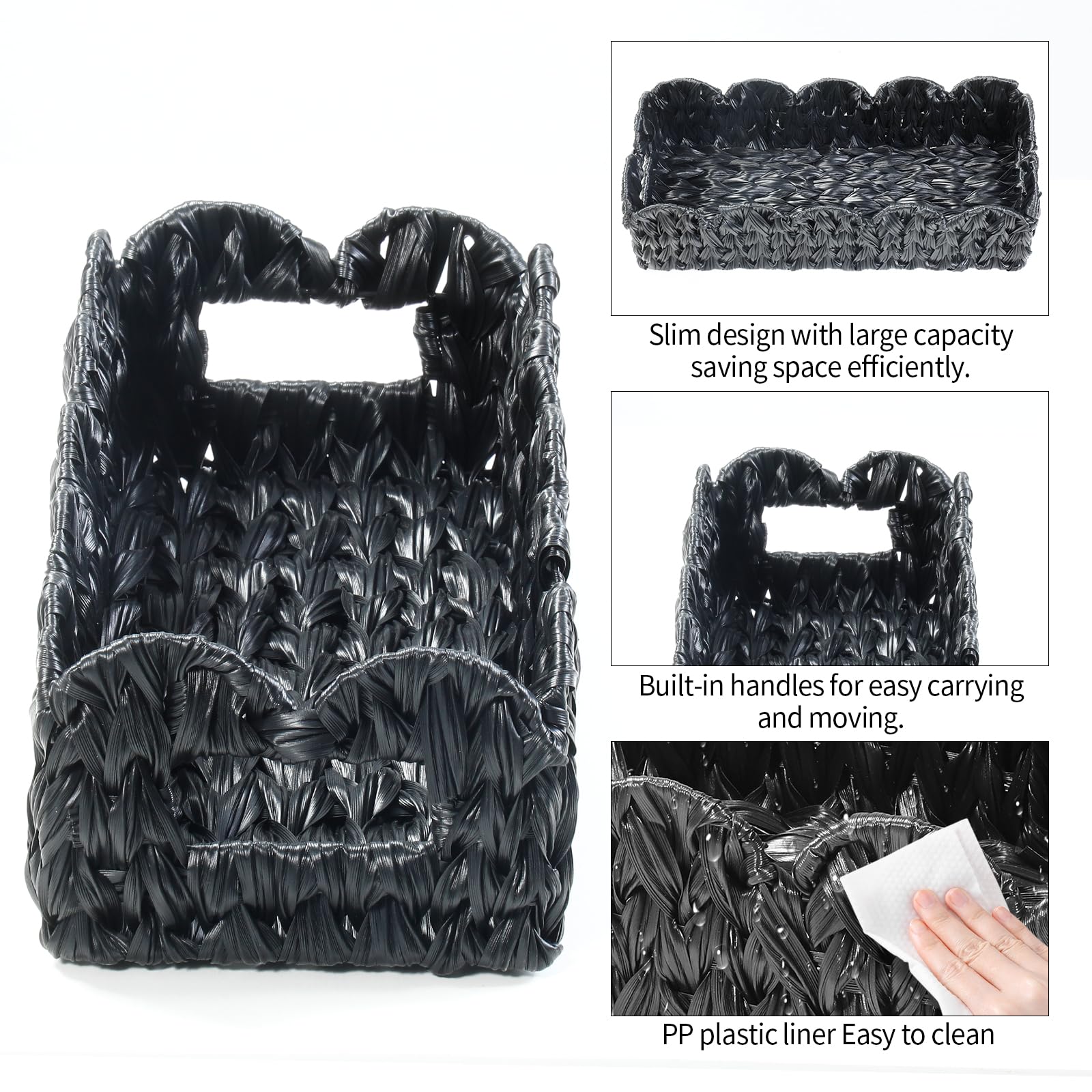 Coeusy Balck Toilet Basket,Set of 2 Scalloped Wicker Basket with Built-in Handles,Long Back of Toilet Baskets for Shelf,Tank Topper,Countertop,Rectangle