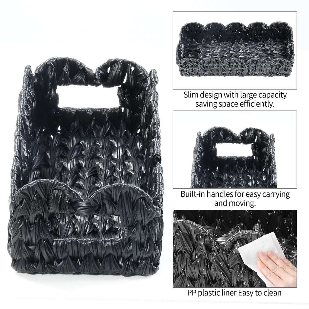 Coeusy Balck Toilet Basket,Set of 2 Scalloped Wicker Basket with Built-in Handles,Long Back of Toilet Baskets for Shelf,Tank Topper,Countertop,Rectangle