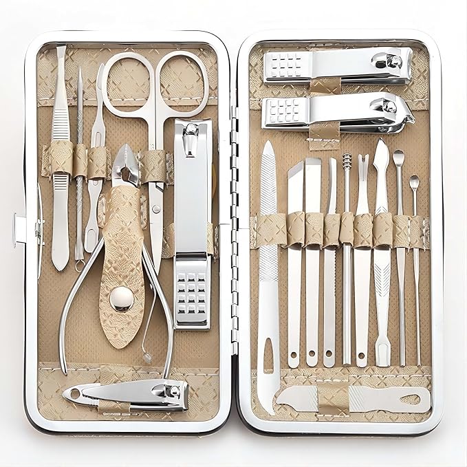 Manicure Set - 19 in 1 Professional Nail Clippers Pedicure Kit, Manicure Tool Kit, Stainless Steel Facial Grooming Set Kit, Gift Idea for Women, Men, Girls, Teens, Beige
