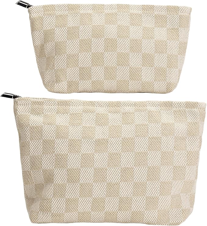 RIKMOXR 2-Pack Beige Checkered Makeup Bag Set - Large Capacity Cosmetic Organizer Pouch | Travel Toiletry Bag for Women Girls