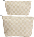 RIKMOXR 2-Pack Beige Checkered Makeup Bag Set - Large Capacity Cosmetic Organizer Pouch | Travel Toiletry Bag for Women Girls