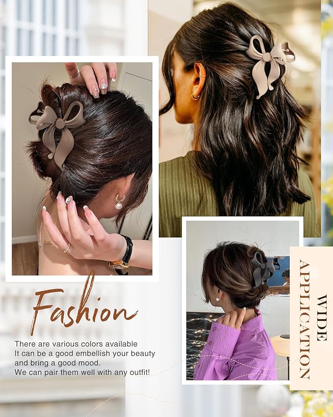4 PCS Bow Hair Clips Bow Claw Clip for Women, Large Hair Claw Clips for Thin Thick Long Hair Cute Nonslip Bows (Black+Grey+Dark Brown+Light Brown)