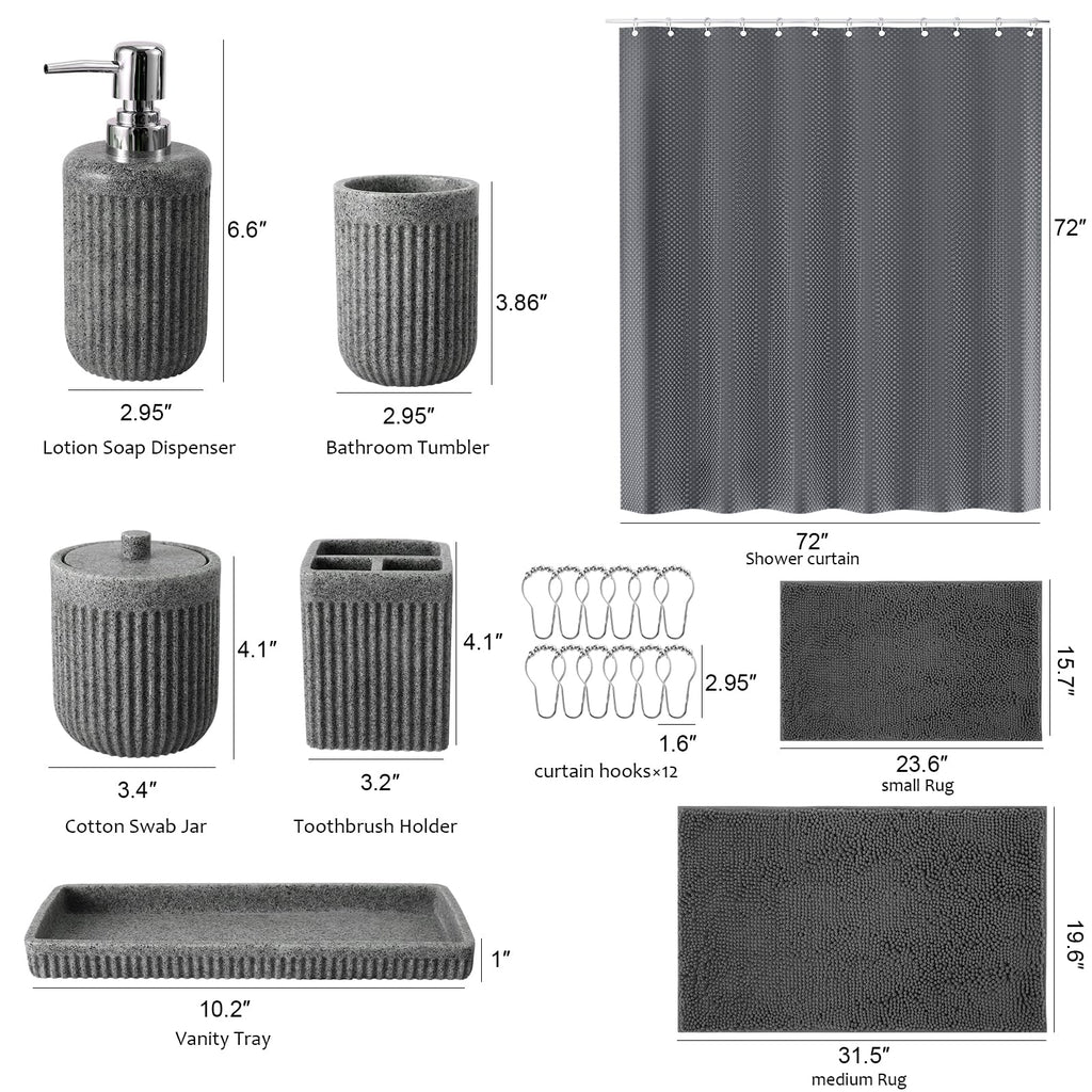 XLHOMO 8-Piece Grey Bathroom Sets with Shower Curtain and Rugs, Resin Bathroom Accessories Sets Complete with Soap Dispenser, Toothbrush Holder, Tumbler & Apothecary Jars Bathroom Essentials