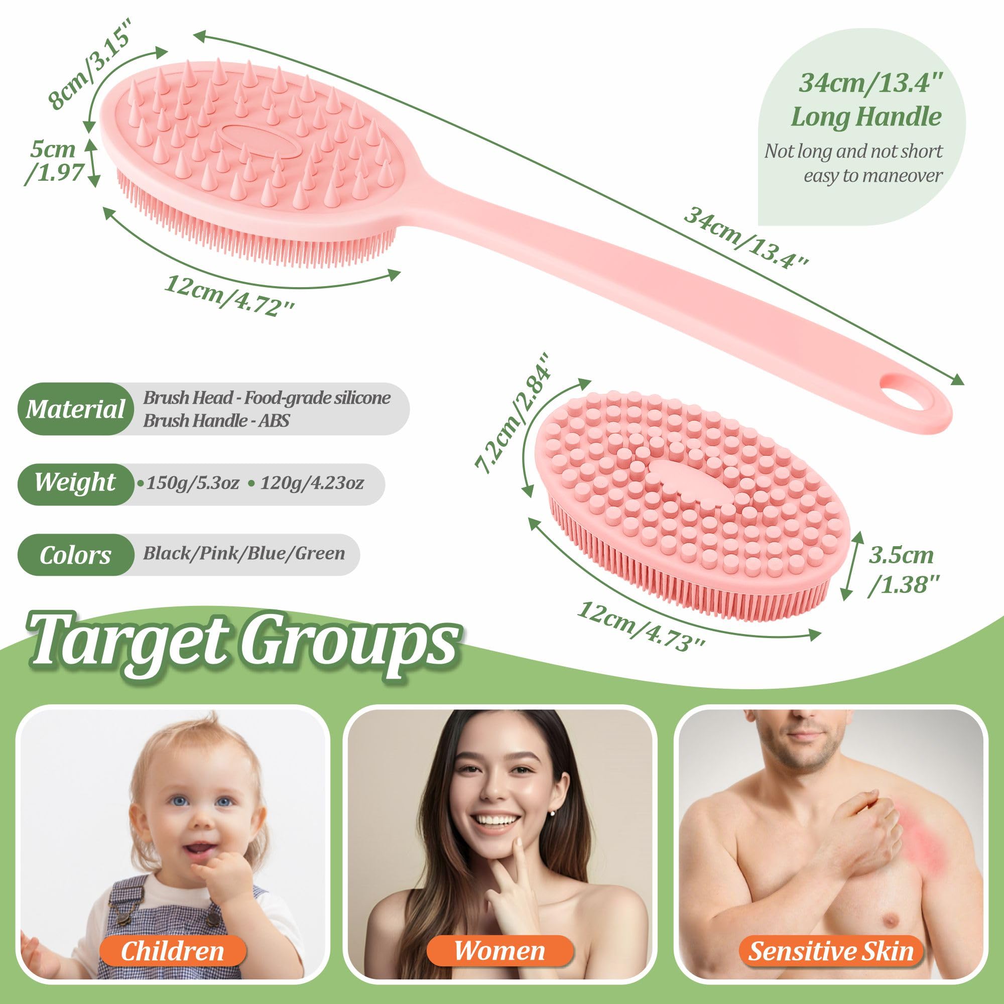 GEENOA Silicone Back Scrubber for Shower, Gentle Shower Scrubber for Lathering, Softe Silicone Loofah with Two Replaceable Brush Heads, Good for Kids, Sensitive Skin(Pink-Two Heads)