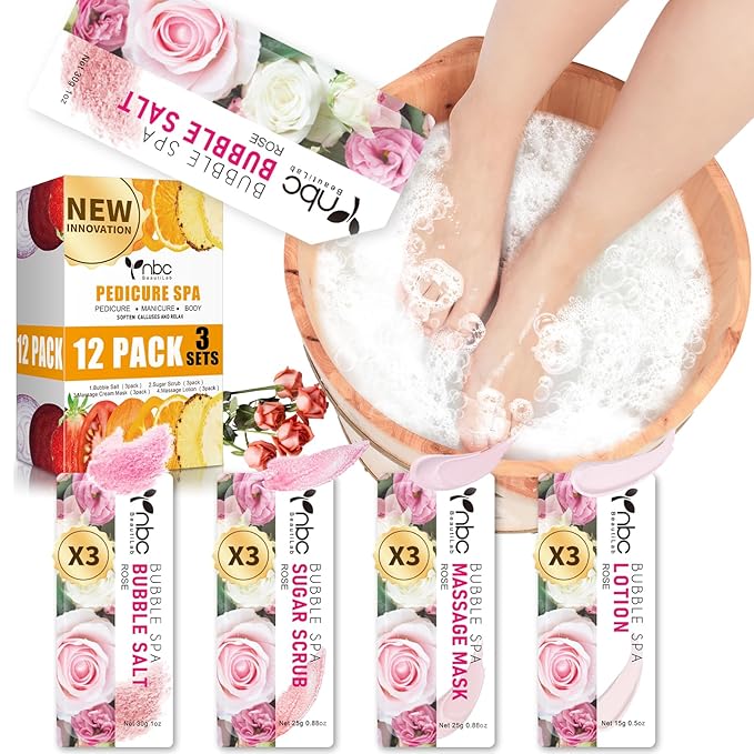 nbc BeautiLab Pedicure Kit Foot Soak Set: Bubble Salt, Sugar Scrub, Massage Mask, Massage Lotion in a Box, 4 Step Foot Spa Kit for Dry Feet, Softens Calluses, Soothes Sore, Tired Feet（3 Set Rose