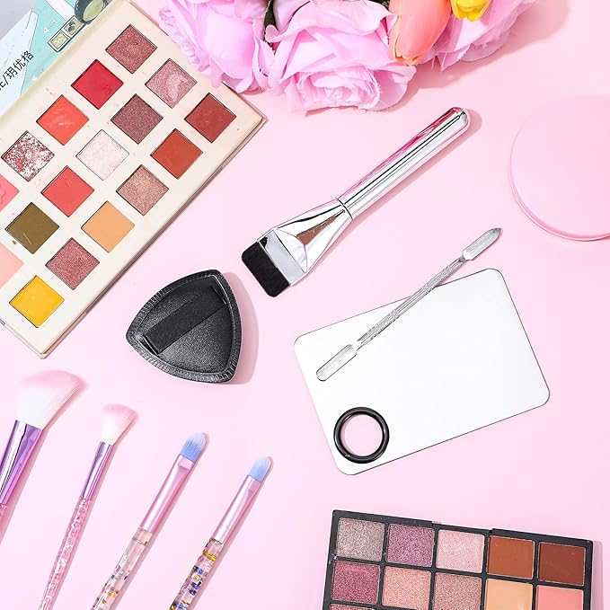 BOHUIZ 4 Pcs Makeup Foundation Mixing Palette Set Including Make Up Spatula, MakeupBrush, PaletteTray, Puff, Foundation Makeup Mixing Palette, MakeupPalette Tray (Stainless Steel)