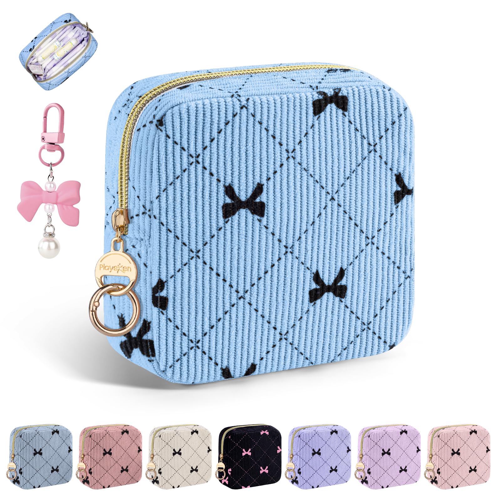 Playexen Period Bag for Teen Girls, Corduroy Sanitary Napkin Pouch, B-LBlue