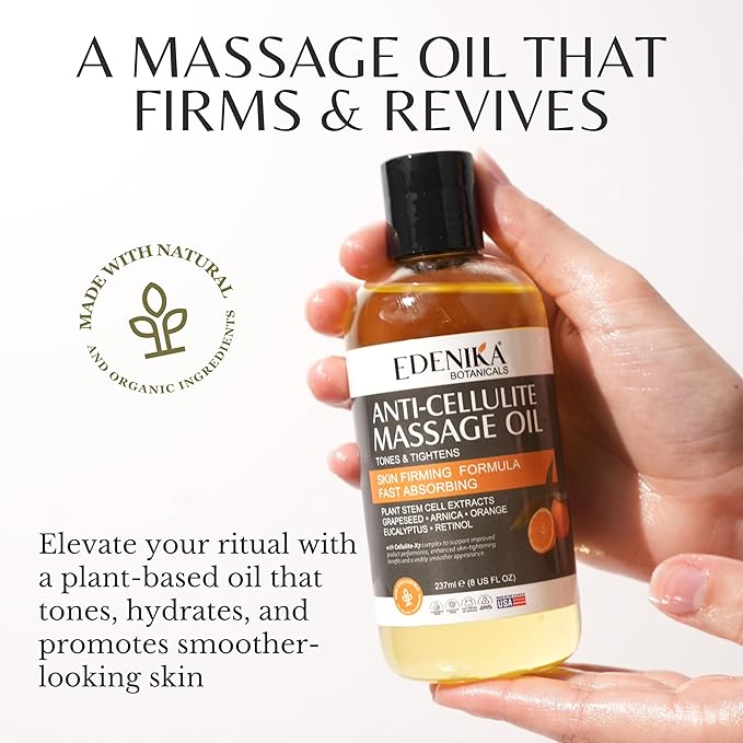 EDENIKA BOTANICALS Firming Anti Cellulite Massage Oil, Grapeseed Oil, Caffeine, Plant Stem Cells & Retinol, Supports Tighter, Smoother-Looking Skin on Body, Legs, Thighs & Buttocks, 8 Fl Oz