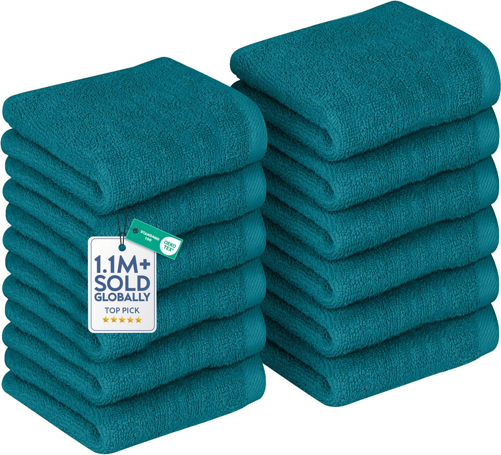 DAN RIVER 12 Pack Cotton Wash Cloths Set for Showering [12x12] Teal