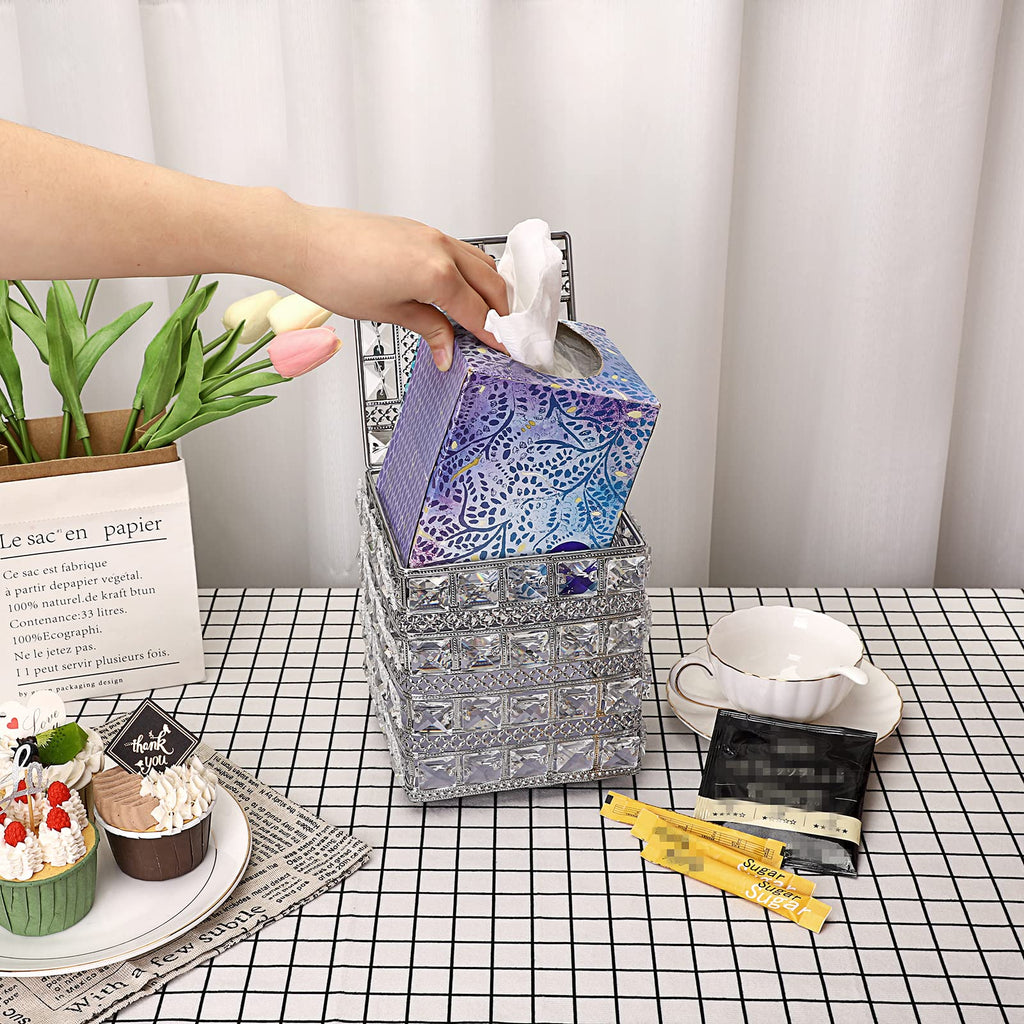 Sumnacon Crystal Square Tissue Box Cover - Sparkling Cube Glass Tissue Box Holder, Decorative Facial Tissue Holder for Bedroom Bathroom Dresser Night Stand Table Countertop Home Decor, Silver