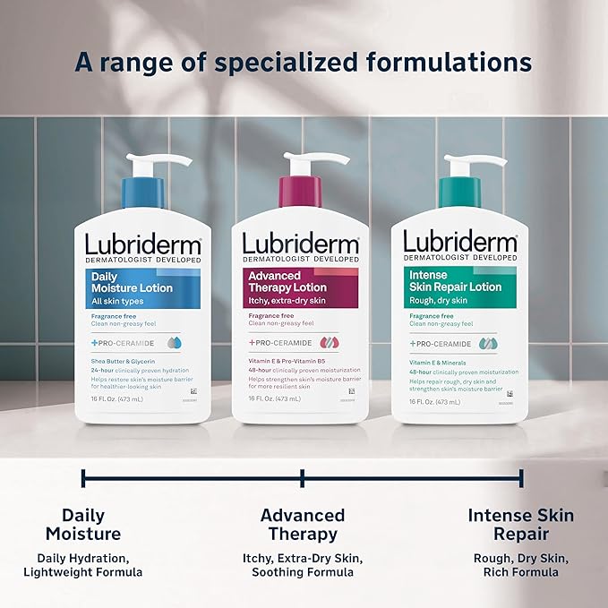 Lubriderm Advanced Therapy Body Lotion, Fragrance-Free Lotion for Extremely Dry Skin, Pro-Ceramide Hydration for Itchy, Dry, Sensitive Skin, Hand and Body Lotion, Non-Greasy, Hypoallergenic, 32 Fl Oz