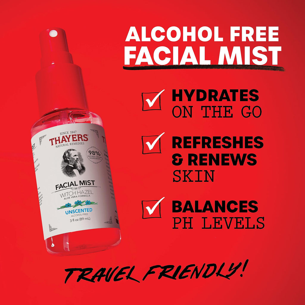 Thayers Alcohol-Free Witch Hazel Facial Mist Toner with Aloe Vera, Unscented, Soothing and Hydrating, for All Skin Types, Trial Size, 3 oz