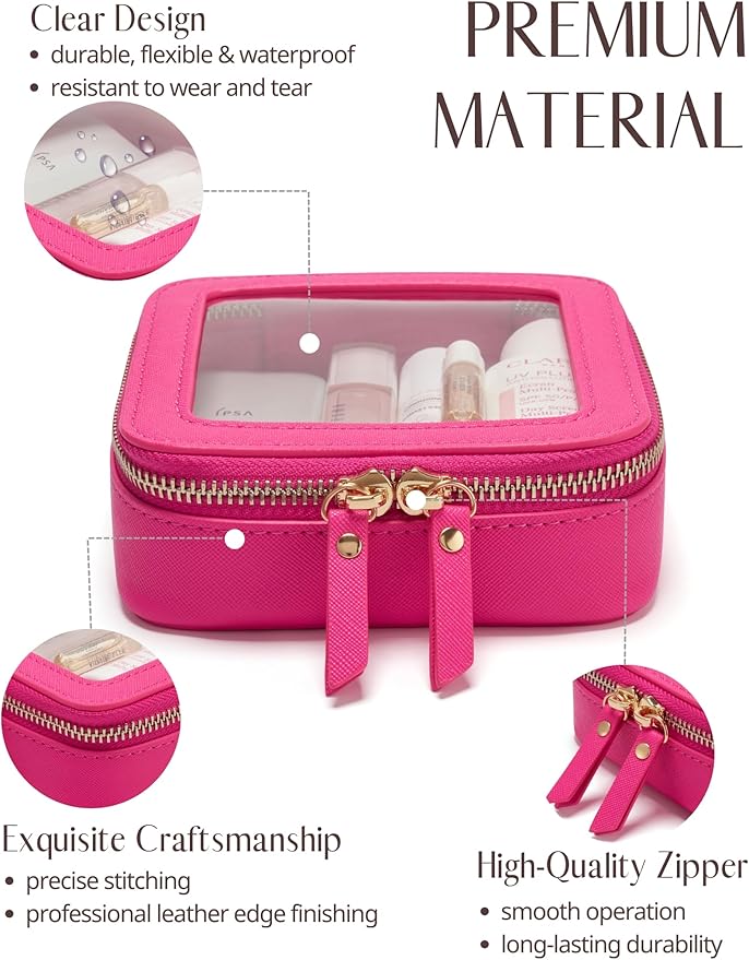 Popvibe Mini Makeup Bag Clear Small Travel Cosmetic Case Leather Cute Hot Pink Pouch for Purse Organizer Make Up Bag for Women Car Toiletry Bag with Zipper for School