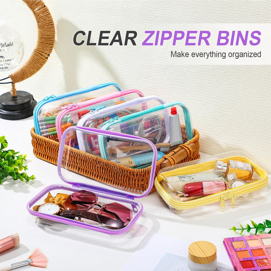Sanwuta 6 Pcs Clear Hard Zipper Case Plastic Zipper Pouches Transparent Makeup Bag Pencil Case Pouches Toiletry Diaper Bag for Travel Toy Storage Organizer Bins(Colorful,7.48 x 3.94 x 2 Inch)