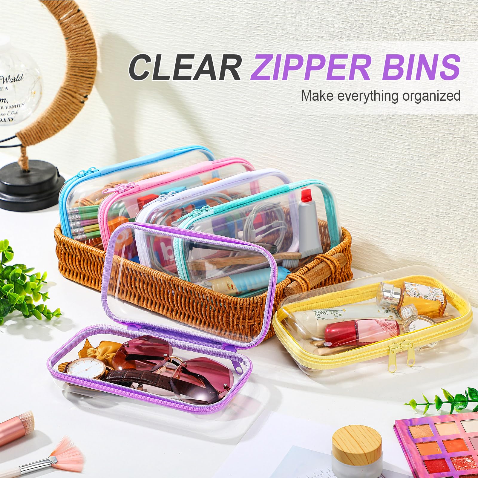 Sanwuta 6 Pcs Clear Hard Zipper Case Plastic Zipper Pouches Transparent Makeup Bag Pencil Case Pouches Toiletry Diaper Bag for Travel Toy Storage Organizer Bins(Colorful,7.48 x 3.94 x 2 Inch)