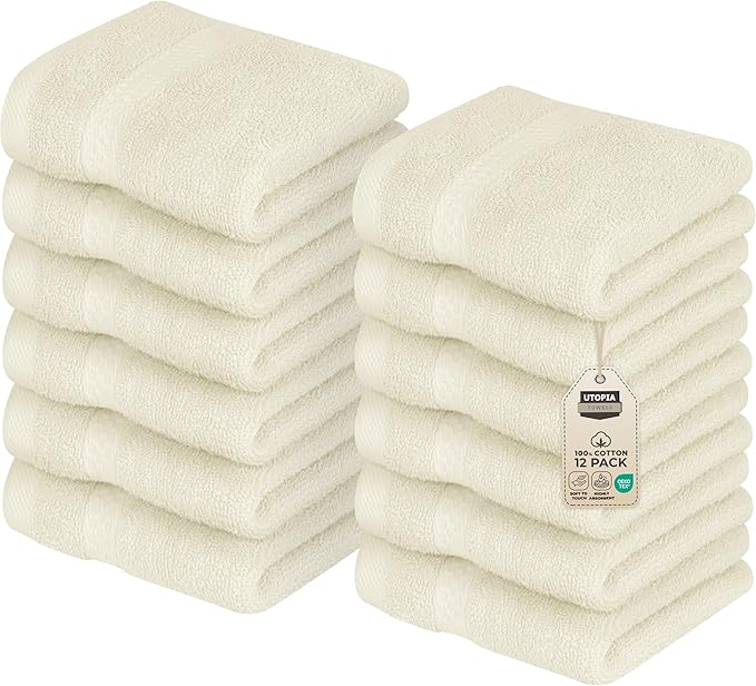 Utopia Towels 12 Pack Premium Wash Cloths Set, 12 by 12 Inches, 100% Cotton Ring Spun, Highly Absorbent and Soft Feel Essential Washcloths for Bathroom, Spa, Gym, and Face, Ivory