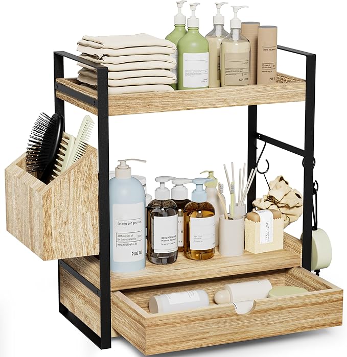 2-Tier Bathroom Counter Organizer, Acacia Wood Vanity Shelf with Drawer
