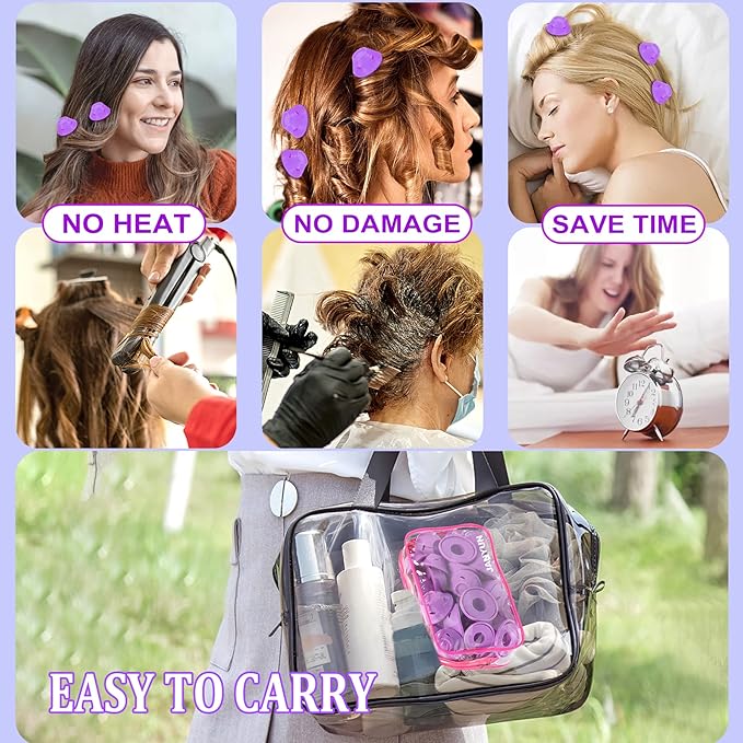 JANYUN 40 Pcs Purple Magic Hair Rollers Include 20pcs Large Sleeping Silicone Curlers 20pcs Heatless Small Hair Curlers (Purple)