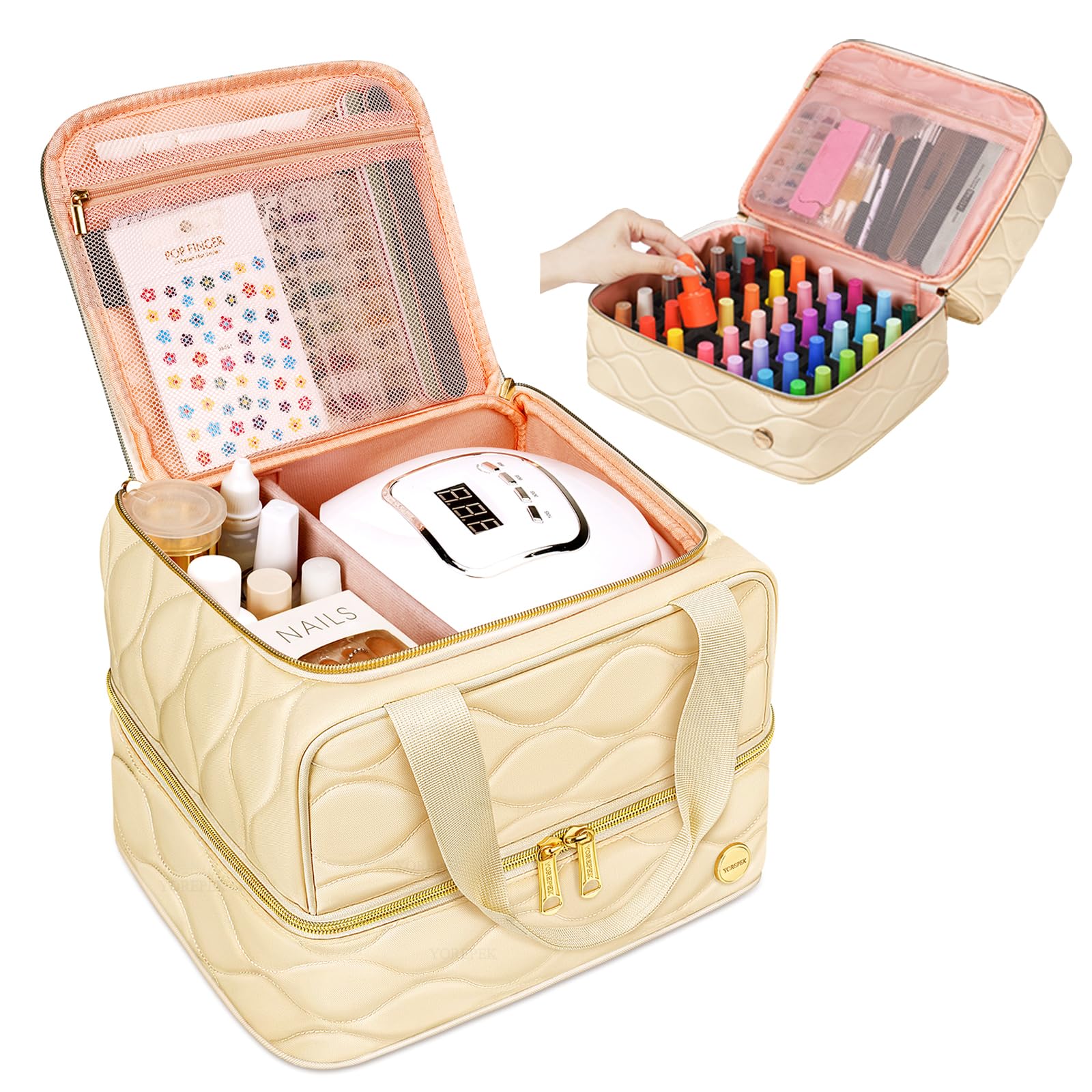 YOREPEK Nail Polish Organizer Case Holds 42+ Bottles (15ml/0.5 fl.oz), 2-Layer Nail Kit Bag with Compartments for Nail Supplies, UV Lamp, Nail Tech Organizers and Storage for Manicure Tools, Beige