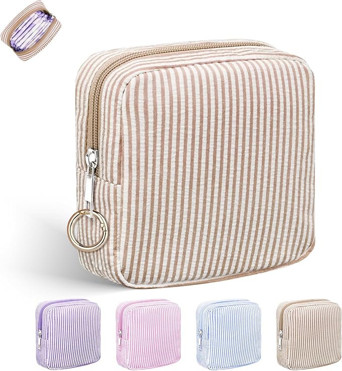 Period Bag for Teen Girls, Stripes Sanitary Napkin Storage Bag with Ring Buckle, Menstrual Pad Pouches Tampon Holder for Purse (Khaki)
