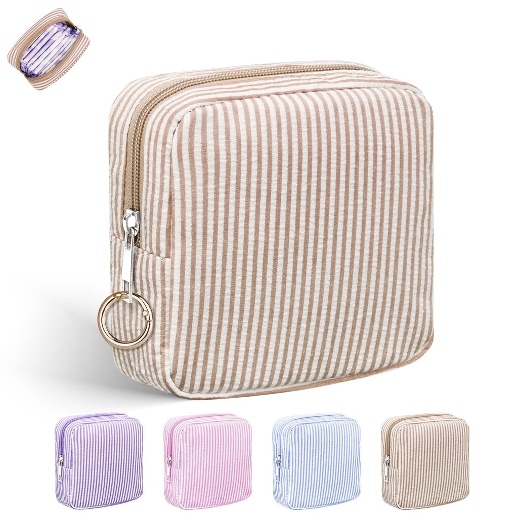 Playexen Period Bag for Teen Girls, Stripes Sanitary Napkin Storage Bag with Ring Buckle, Menstrual Pad Pouches Tampon Holder for Purse (Khaki)