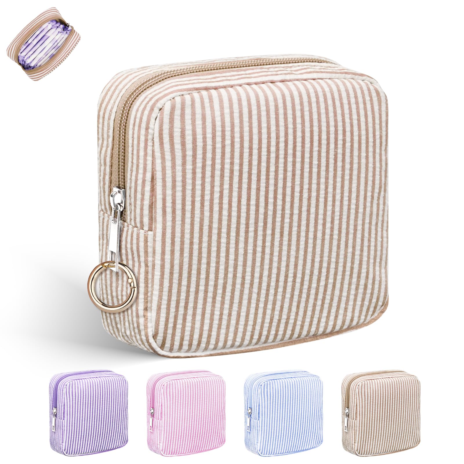 Playexen Period Bag for Teen Girls, Stripes Sanitary Napkin Storage Bag with Ring Buckle, Menstrual Pad Pouches Tampon Holder for Purse (Khaki)