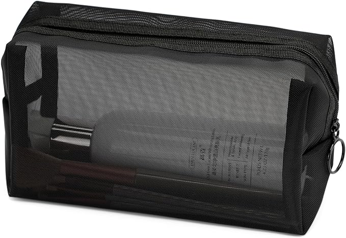 TOPASION Portable Mesh Makeup Bag with Zipper Small Travel Toiletry Bag Lightweight Cosmetic Pouch (Black Square)