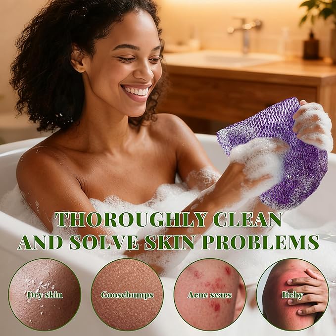 African Net Sponge Authentic, 3 Pieces Exfoliating Scrubber Bath Sponge for All Skin Types, Back Scrubber Loofah Washcloth for Shower, Gentle Exfoliation (Rose Red,Purple,Green)