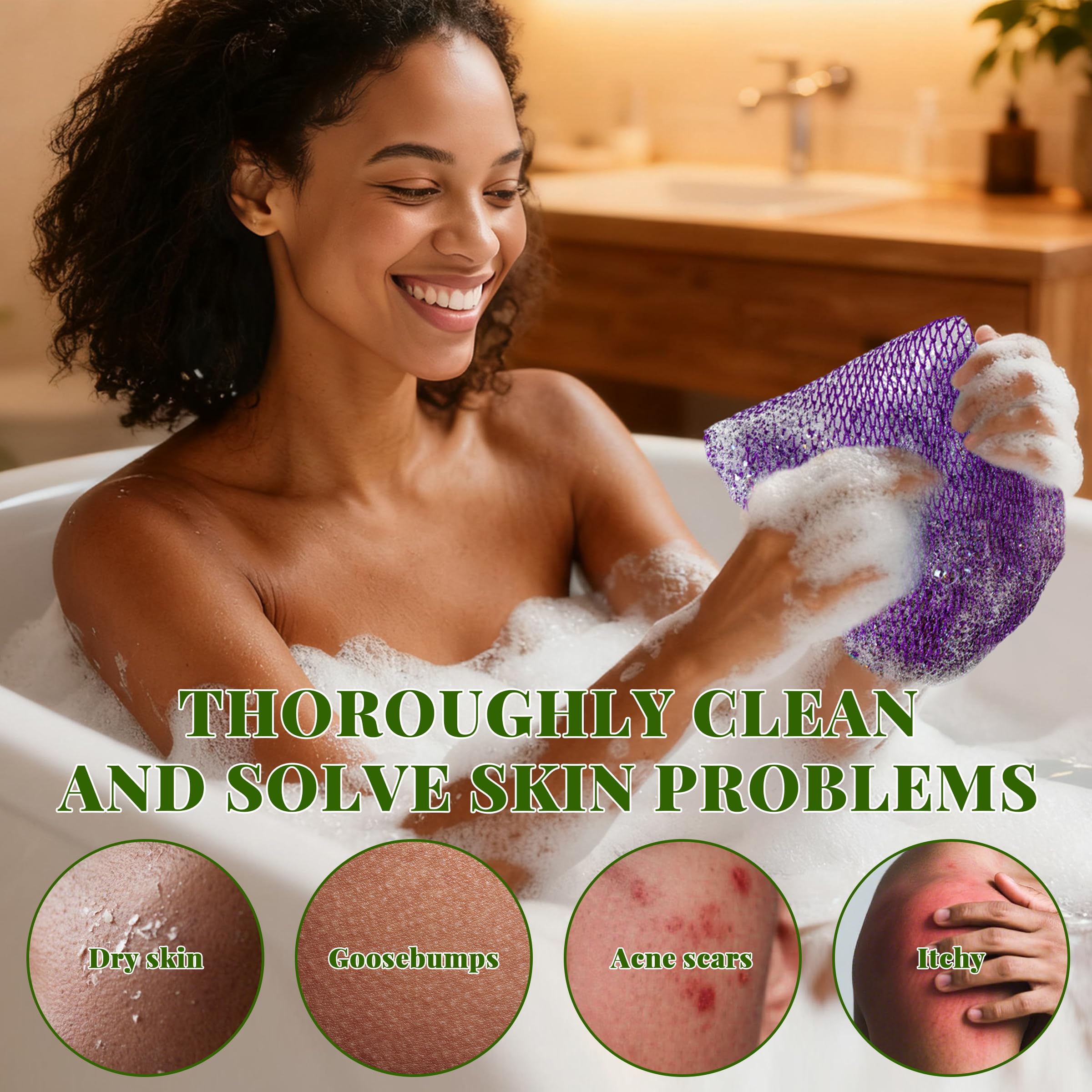 African Net Sponge Authentic, 3 Pieces Exfoliating Scrubber Bath Sponge for All Skin Types, Back Scrubber Loofah Washcloth for Shower, Gentle Exfoliation (Rose Red,Purple,Green)