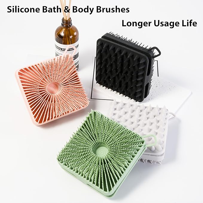 MtBoi 2 PC Silicone Exfoliating Body Scrubber, Body Shampoo Brush, Soft Silicone Loofah for Sensitive Skin, Shower Silicone Hair Scalp Massager, Easy to Clean, Lather Well(Black&Green)