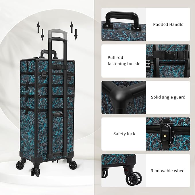 JINGUAN Profesional Rolling Makeup Train Case with Lid, 5 in 1 Cosmetology Case on Wheels, Large Cosmetic Trolley Organizer Travel for Hairstylist Artist Nail Beauty Salon Barber, Blue