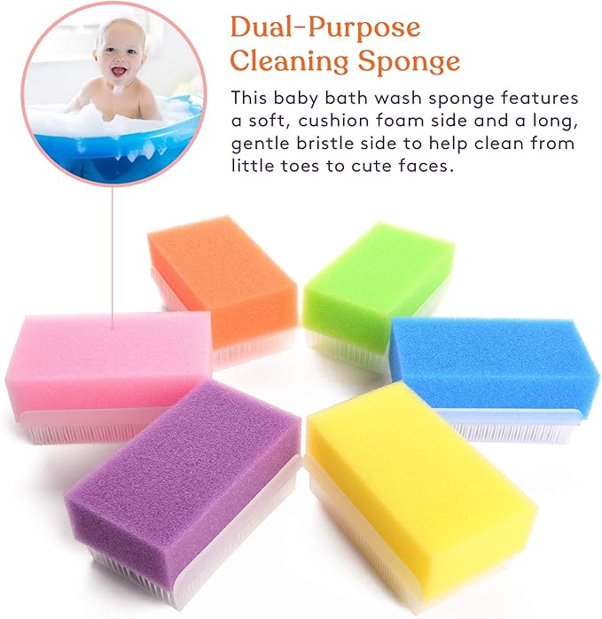 Special Supplies (6 Pack) Baby Bath Sponges Soft Foam Sensory Scrubber with Cradle Cap Bristle Brush - Body, Hair, and Scalp Cleaning - Gentle on Infant, Toddler Sensitive Skin - Great Sensory Feel