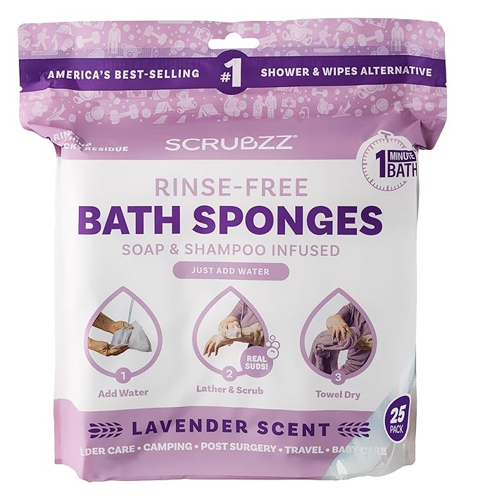 Scrubzz Disposable No Rinse Bathing Wipes - All-in-1 Single Use Shower Wipes, Simply Dampen, Lather, and Dry Without Shampoo or Rinsing (Lavender