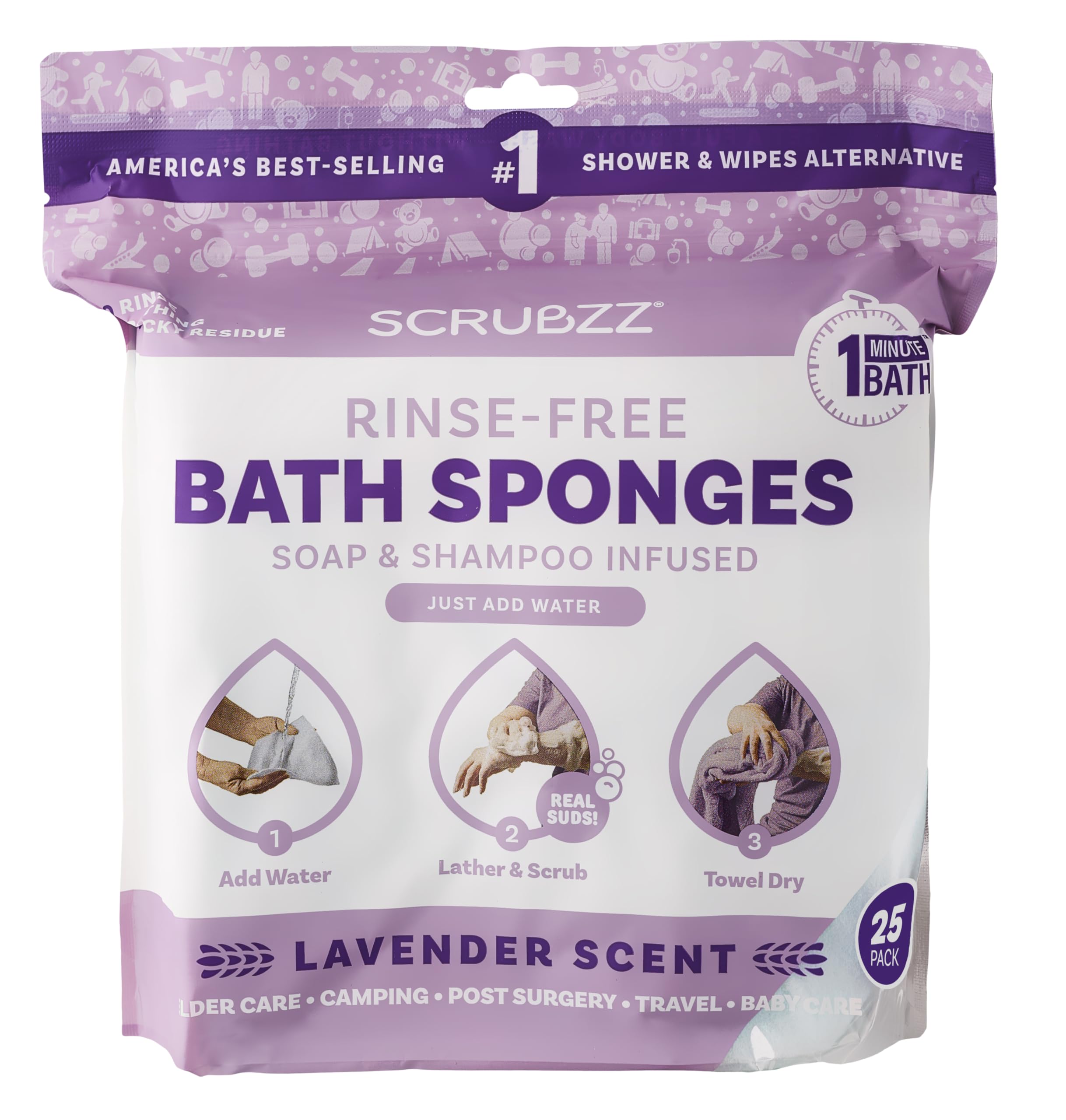 Scrubzz Disposable No Rinse Bathing Wipes - 25 Pack - All-in-1 Single Use Shower Wipes, Simply Dampen, Lather, and Dry Without Shampoo or Rinsing (Lavender, 1-Pack)
